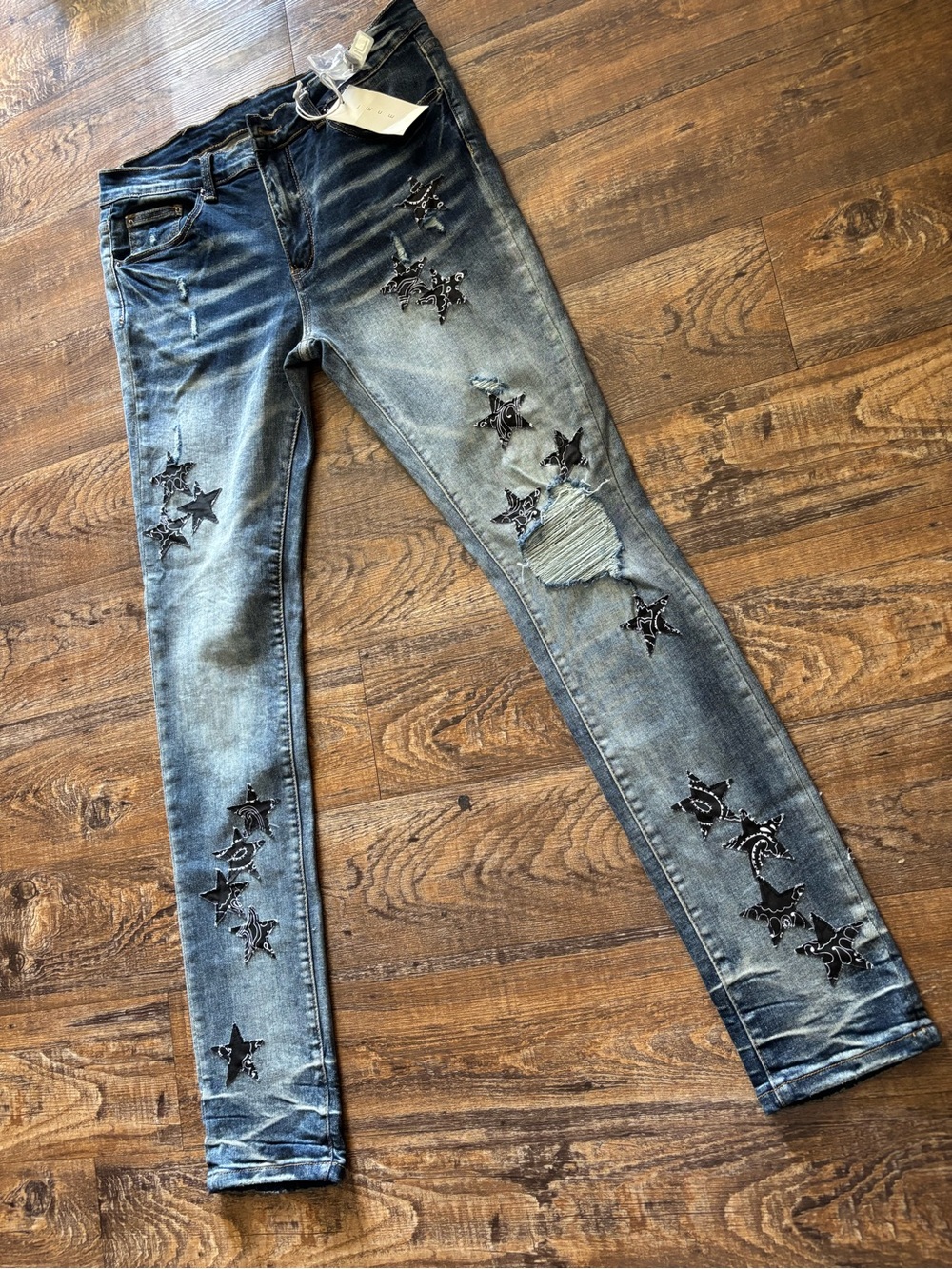 Men’s Skinny Jeans with Star Embroidery - Blue